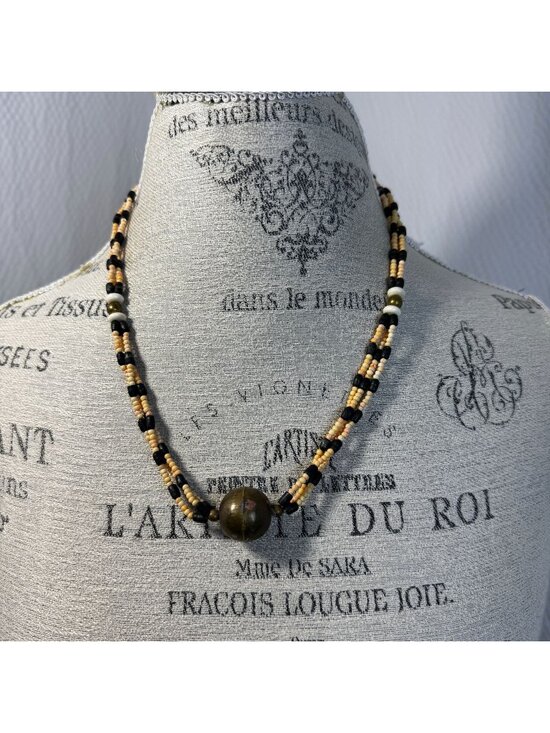 Handcrafted Jewelry - Vintage Ethnic Handcrafted Beaded Necklace Multicolor Brass Accent Bead BoHo